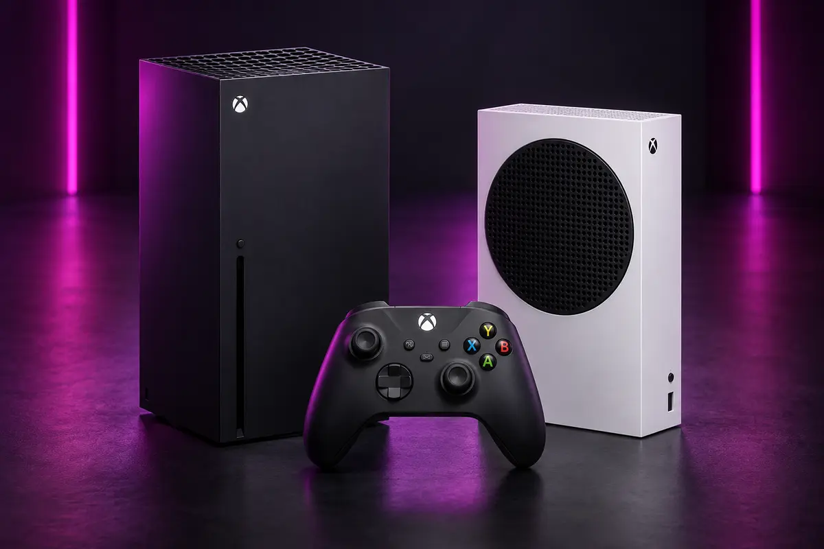 Xbox Series X, Xbox Series S y mando Xbox en iluminación magenta y morada