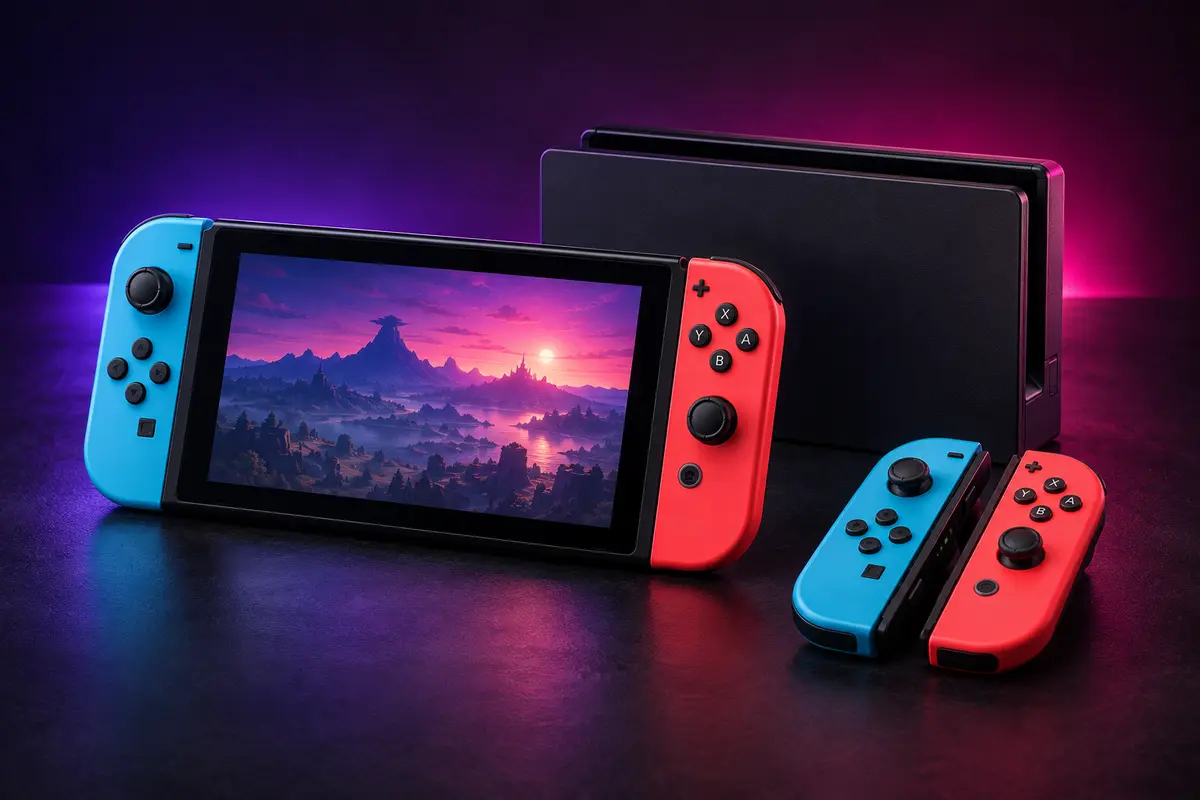 Nintendo Switch con Joy-Con y base de carga en iluminación magenta y morada